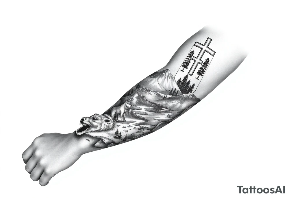 A full-sleeve with the Härjedalen landscape, reindeer, bear, lakes, mountains (Helags), cross and Härjedalen's coat of arms on the hand tattoo idea
