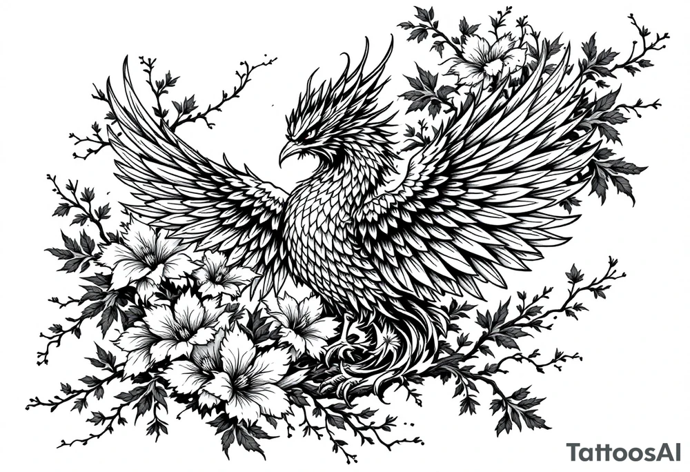 powerful japanese phenix surrounded by maple leaf and cherry blossom tattoo idea