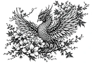 powerful japanese phenix surrounded by maple leaf and cherry blossom tattoo idea