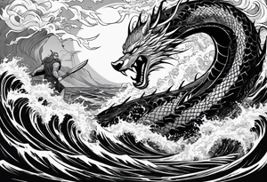 Thor fighting the world serpent in the ocean in a typhoon tattoo idea