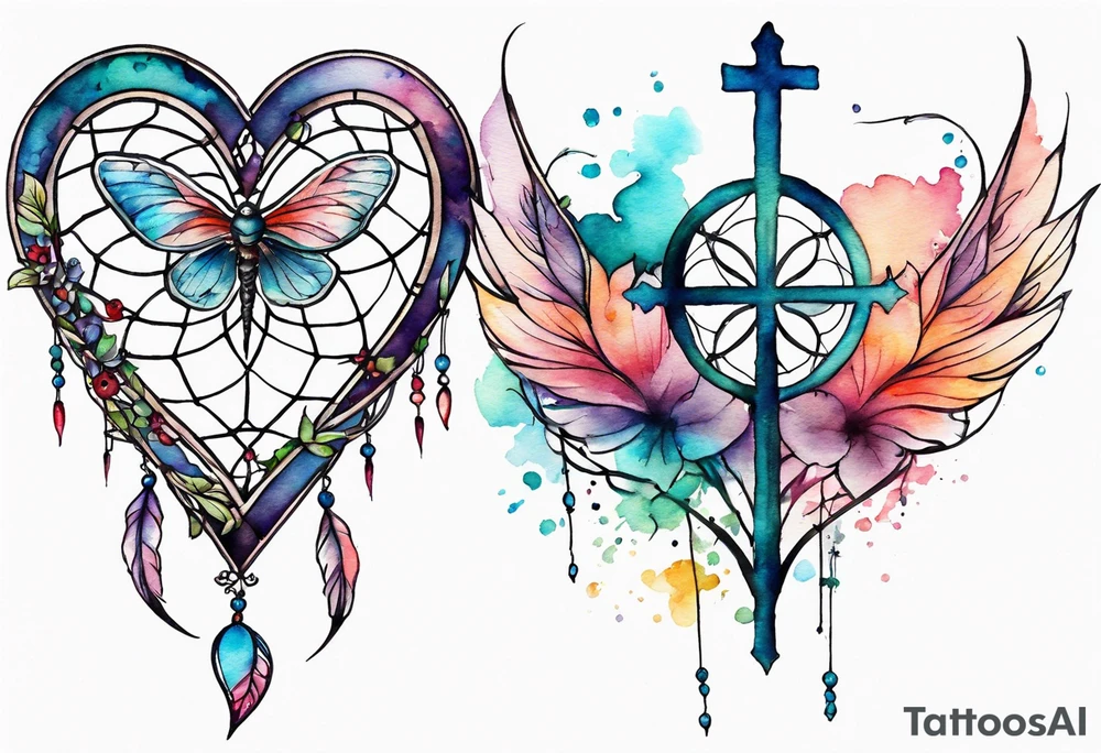 Watercolor tattoo of heart shaped dream catcher with cross going through the heart. Dragonfly flying on side tattoo idea