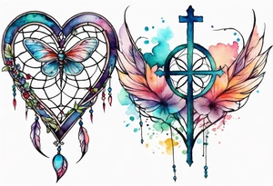 Watercolor tattoo of heart shaped dream catcher with cross going through the heart. Dragonfly flying on side tattoo idea