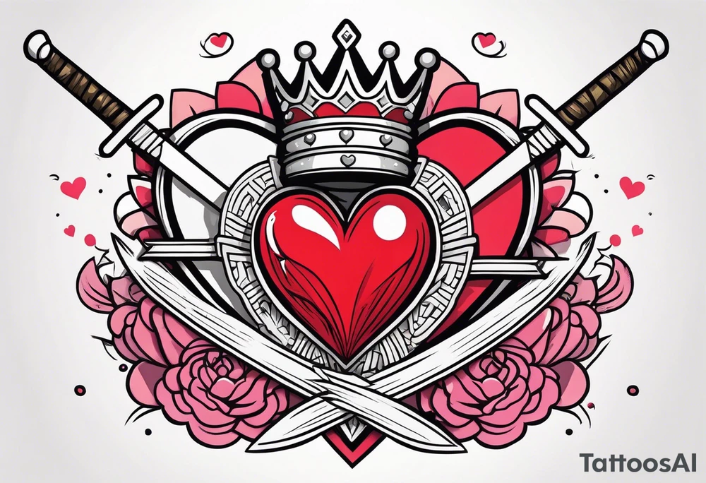 Human heart with a crown sitting crooked on top and a Japanese sword through the heart tattoo idea