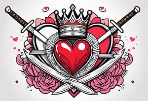 Human heart with a crown sitting crooked on top and a Japanese sword through the heart tattoo idea