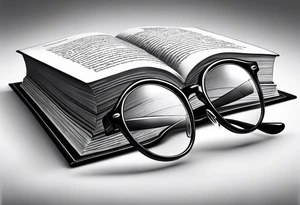 both objects floating 
open hard back book. large round glasses
reading it tattoo idea
