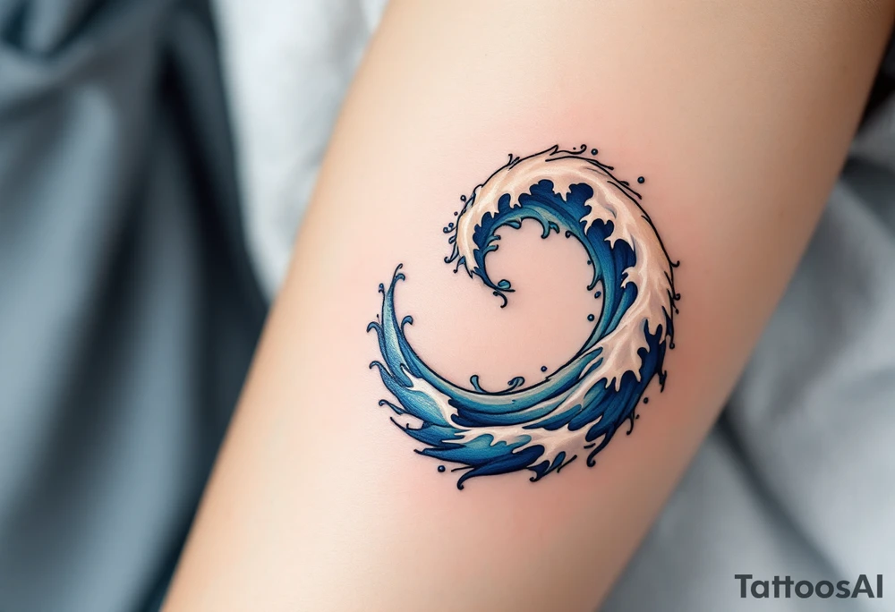 A stylized spiral composed of blue waves and white foam, capturing the movement of the ocean. tattoo idea