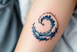 A stylized spiral composed of blue waves and white foam, capturing the movement of the ocean. tattoo idea
