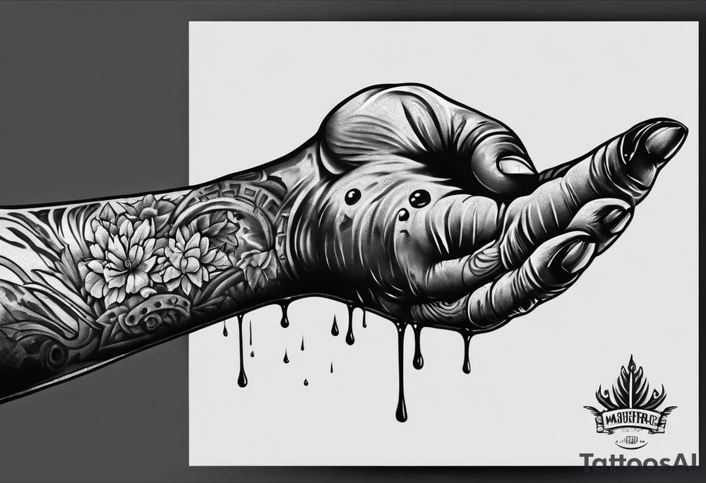 a human hand with face up with palm facing forward and the fingers pointing upward. The hand is plain with no tattooes or decoration. The hand has a hole in it like a gun shot wound and it is dripping blood. tattoo idea