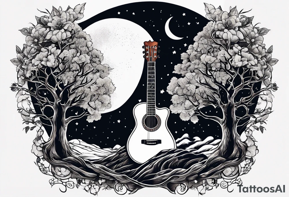 design moon tree campfire guitar tattoo idea