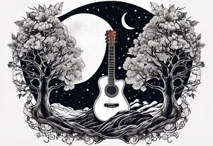design moon tree campfire guitar tattoo idea
