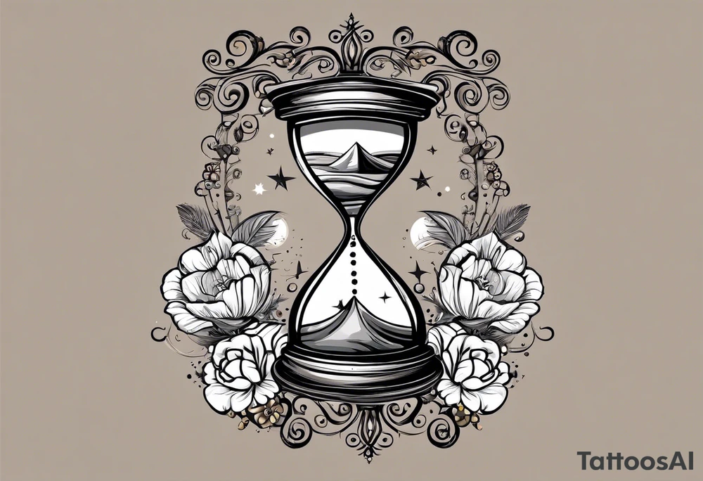 Mix an hourglass with a nautical clock with the addition of planets, galaxies and flower spikes to give a design to print on a t-shirt, the design should be in one color in the form of a tattoo and all the shapes should be mixed to give one shape tattoo for all arms. tattoo idea