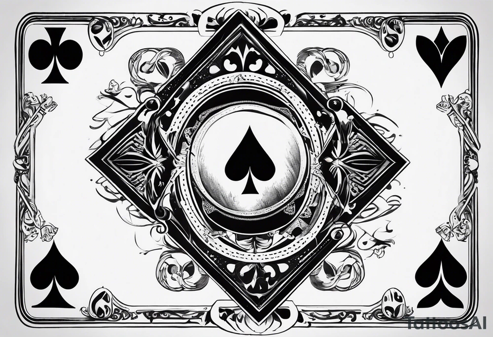 A black-and-white tattoo featuring a deck of playing cards falling mid-air, with a joker card prominently displayed at the center to symbolize unpredictability and chaos in life. The cards are scattered, some face-up, some face-down, representing chance and fate. A small hourglass is incorporated at the base of the design, symbolizing the passage of time. The tattoo uses bold lines and shading to create depth and contrast, keeping the design entirely black and white tattoo idea