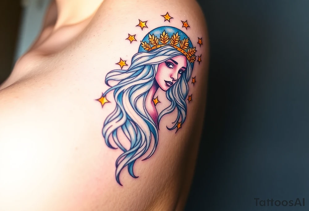 A celestial Virgo goddess with long flowing silver hair, wearing a crown of golden wheat, floating among glowing stars tattoo idea