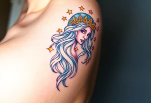 A celestial Virgo goddess with long flowing silver hair, wearing a crown of golden wheat, floating among glowing stars tattoo idea