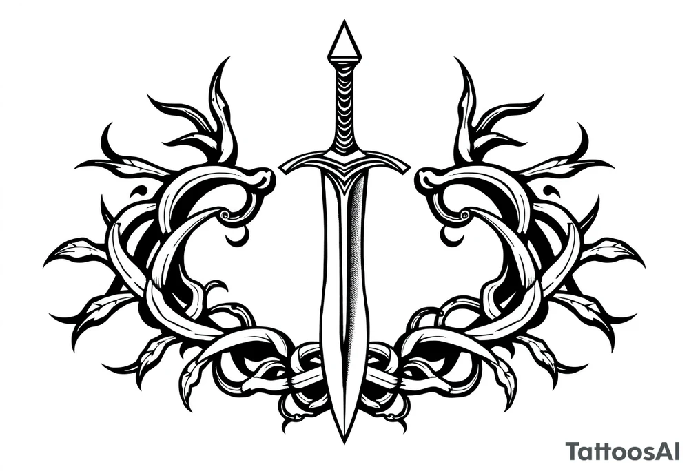 a single small sword with an overgrown Celtic knot band infused with roots tattoo idea