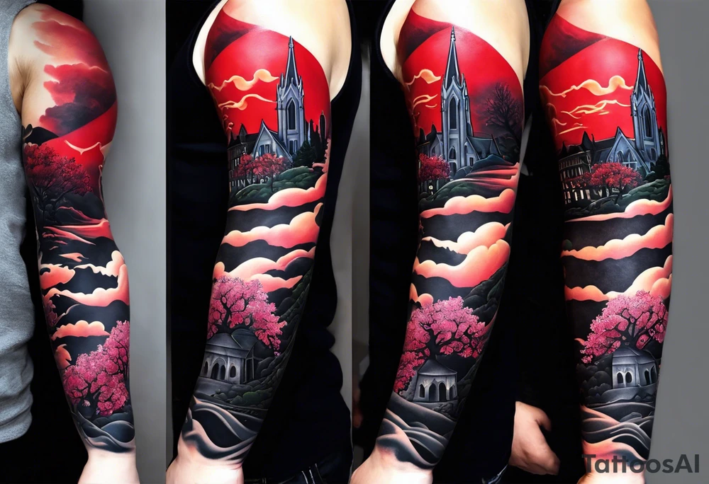 I am black Full arm sleeve with multiple elements blended together. I want the Duke university chapel , cherry tree elements , red clouds from akatski , naruto or sauske , Atl skyline and captain tattoo idea