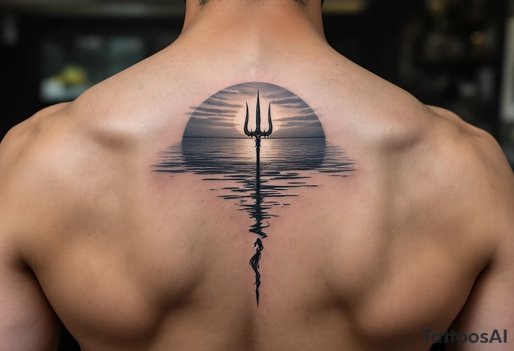 trident half way under calm water with sunset and mermaid tattoo idea