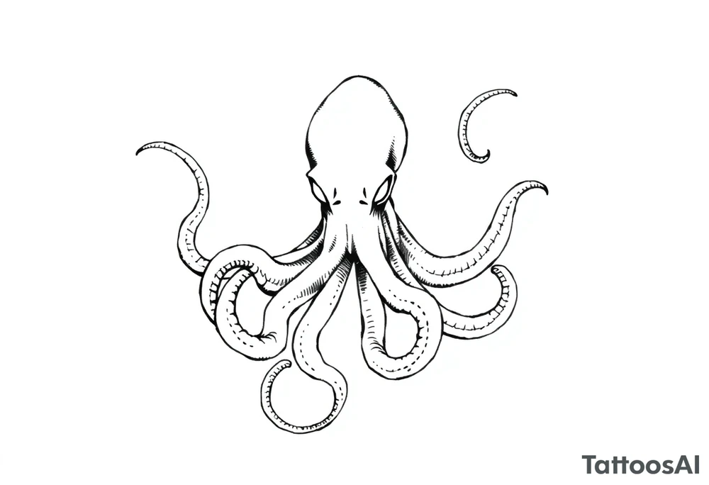 A minimalist blackwork tattoo design of an evil kraken The kraken is viewed from a 45-degree angle facing left, with its head centered. The tentacles extend only to the left and right, with none going downward beneath the head. The style is clean, fine-line detailing with bold outlines, avoiding heavy shading. The tentacles should be fluid, aggressive, and striking, enhancing the menacing and eerie look of the kraken while maintaining a cohesive design for a tattoo sleeve. tattoo idea