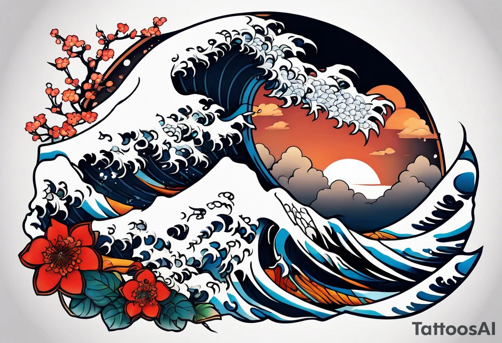 japanese wave mixed in celtic patterns equally. kamikaze plane tattoo idea