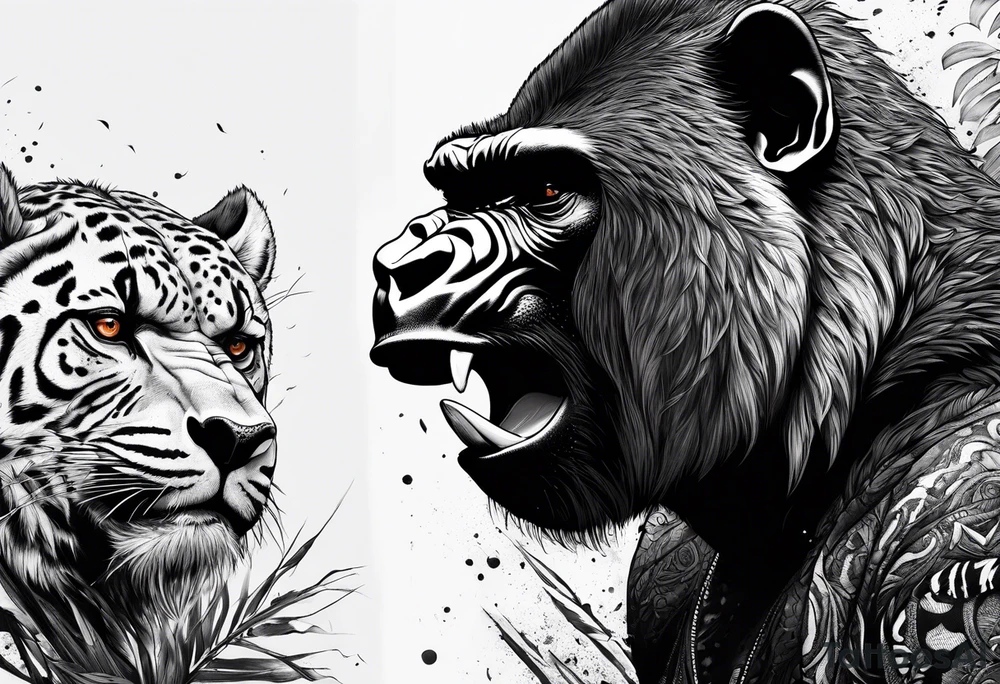 A gorilla, cheetah, rhino, rat, velociraptor, tiger and falcon tattoo idea