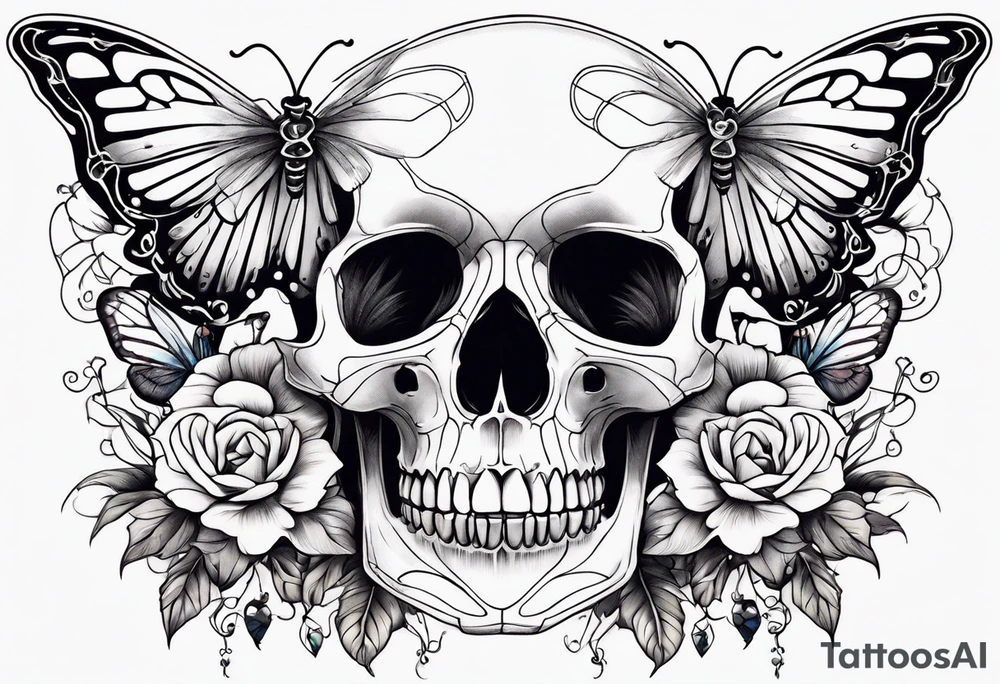 skeleton rib cage with flowers surrounding it and butterflies tattoo idea