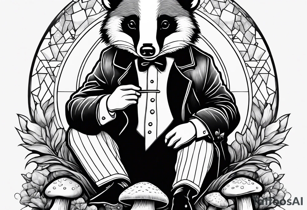 Badger in a coat sitting on a mushroom tattoo idea