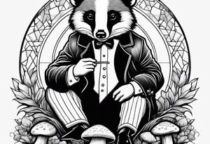 Badger in a coat sitting on a mushroom tattoo idea