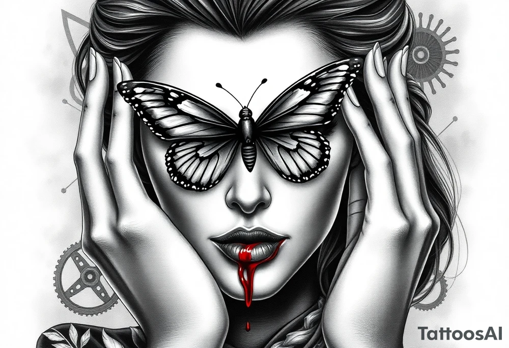 Black and grey realism tattoo design of a beautiful woman's face. And a butterfly landing g on her on the upper bridge of her nose so that the lower wings of the butterfly is covering both her eyes  the butterflys right lower wing is covering her right eye and the lower left of the butterfly wing is covering her left eye  (see no evil), she is bitting on her lip hard to where it is bleeding bright red(speak no evil). Wuth her left hand iver her left ear and her right hard over her right ear ( hear no evil )The style is black and grey realism, hyper-realistic, dark, and evil. Incorporate ninja gear elements and mechanical details (gears) subtly into the background or clothing for a gear ninja evil look. Design for a full forearm sleeve placement tattoo idea