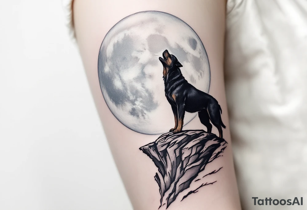 Rottweiler Howling at Moon – A silhouette of a howling Rottweiler on a cliff, with a large full moon in soft gray-blue behind it. A mix of blackwork and soft gradients. tattoo idea