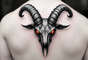 Demonic goat head – A heavily detailed goat skull with twisted horns, glowing red eyes, and blackened bone texture, in dark gray and deep crimson. tattoo idea