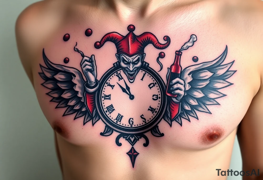 a evil jester clown floating in smoke with a  clock, the time says 420,  with two open wings besides the clock, smoke as the spring rising from the clock, a jester clown coming out the smoke, smoking in one hand with a liquor bottle on the other hand tattoo idea