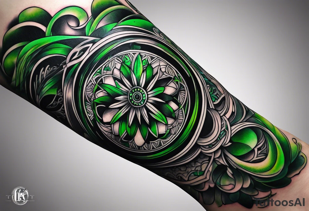 abstract, green and black, covered from wrist to forearm, fully covered, no borders, blackwork, no people tattoo idea