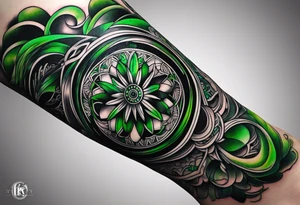 abstract, green and black, covered from wrist to forearm, fully covered, no borders, blackwork, no people tattoo idea