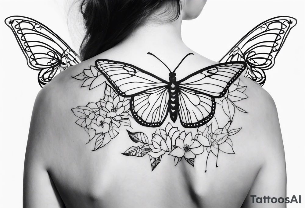 spine tattoo with a halo and butterflies tattoo idea