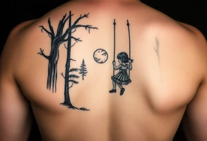 Little girl swinging in dark forest with the sun coming up but hasn’t reached her yet on arm tattoo idea
