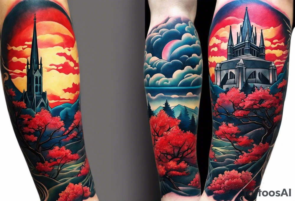 Full arm sleeve with multiple elements blended together. I want the Duke university chapel , cherry tree elements , red clouds from akatski , naruto or sauske , Atl skyline and captain C add in a ease fan photo of naruto tattoo idea