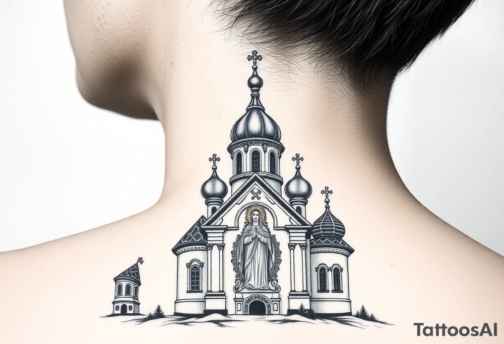 Russian orthodox church with bulb domes with a prominent russian orthodox style virgin mary stood outside to the left russian themed tattoo idea