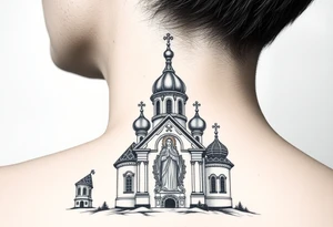 Russian orthodox church with bulb domes with a prominent russian orthodox style virgin mary stood outside to the left russian themed tattoo idea