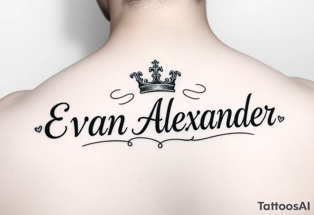 Name tattoo that says Evan Alexander with a crown on forearm tattoo idea