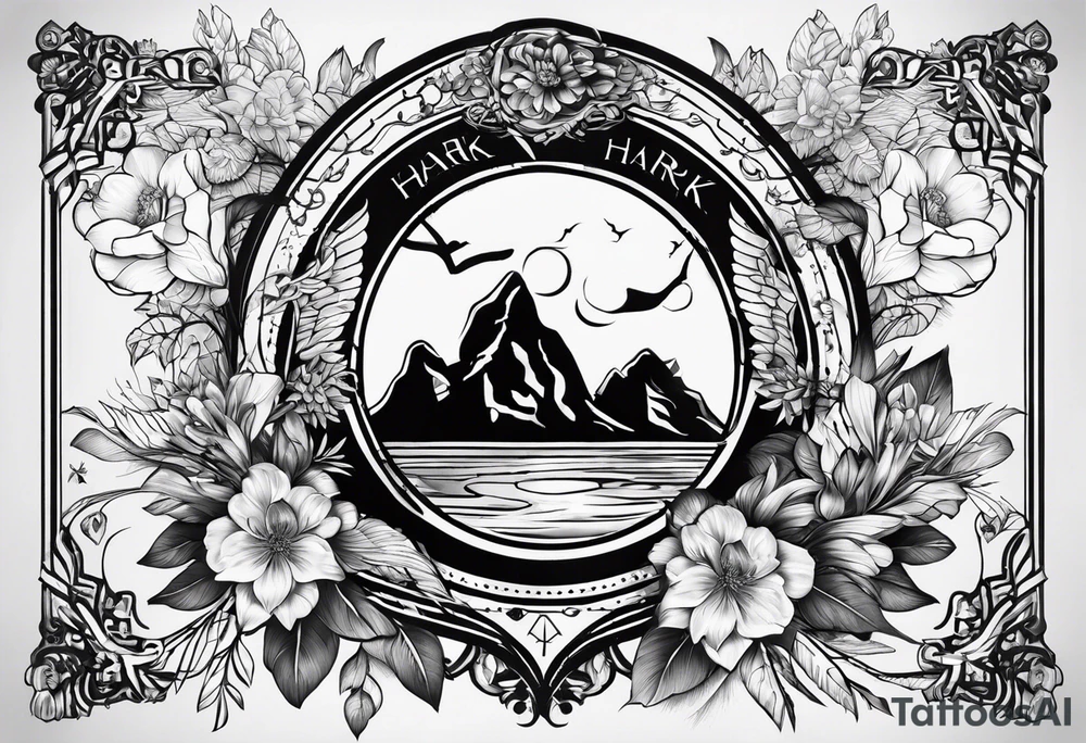 A tattoo with the word "HARK" include images related to rock climbing, traveling, and lakes. Do not include flowers. tattoo idea
