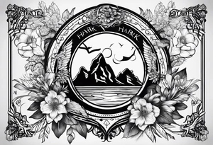 A tattoo with the word "HARK" include images related to rock climbing, traveling, and lakes. Do not include flowers. tattoo idea