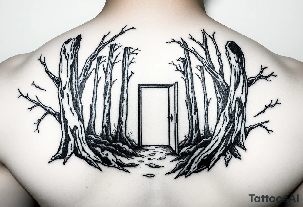 A wooded area with a doorway that is slightly ajar, leading to space tattoo idea