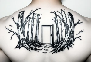 A wooded area with a doorway that is slightly ajar, leading to space tattoo idea