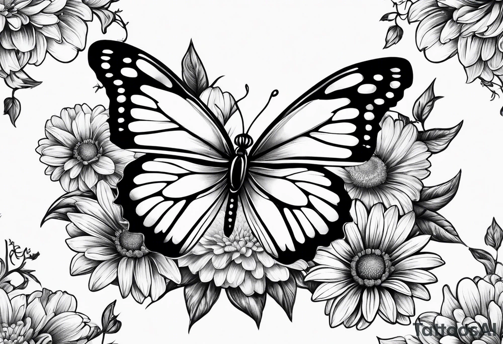 daisies, chrysanthemum and morning glories with a butterfly tattoo idea