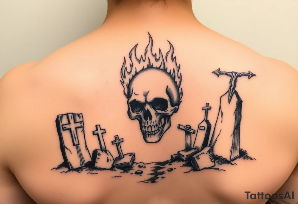 Graveyard scene with a skull engulfed in fiery flames, gothic style. tattoo idea