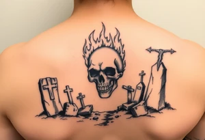 Graveyard scene with a skull engulfed in fiery flames, gothic style. tattoo idea