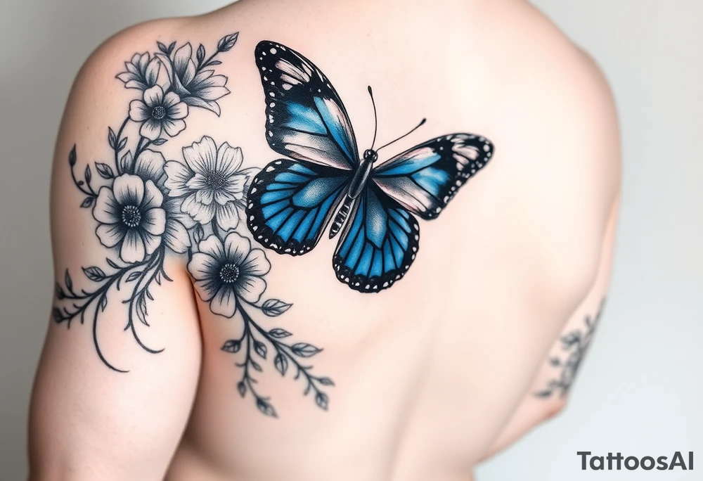Sleeve/ floral with vines roses and daises large bright blue monarch in center of forearm with floral extending from wrist to mid bicep children’s names written with vines “ amber, Zachary, Justin, Harper, Vivian “ ARM SLEEVE tattoo idea