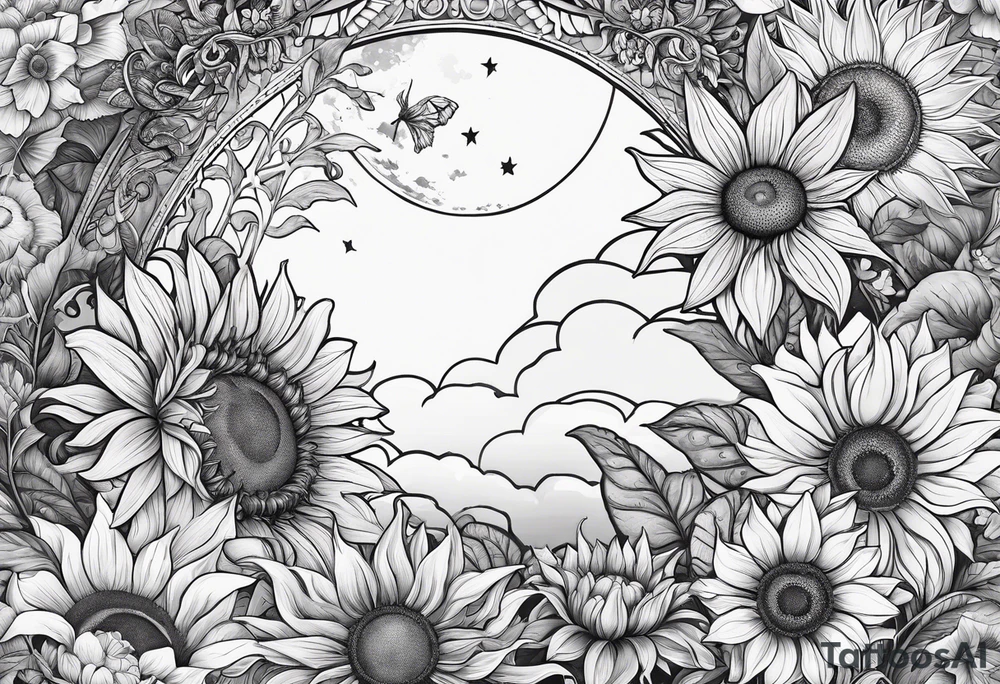 Cancer, moon, sunflower, flowers, fairy, goddess, love, kind, fierce, sun, strong woman, caring, tattoo idea