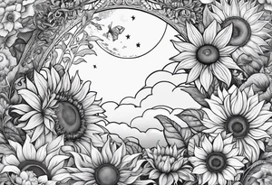 Cancer, moon, sunflower, flowers, fairy, goddess, love, kind, fierce, sun, strong woman, caring, tattoo idea