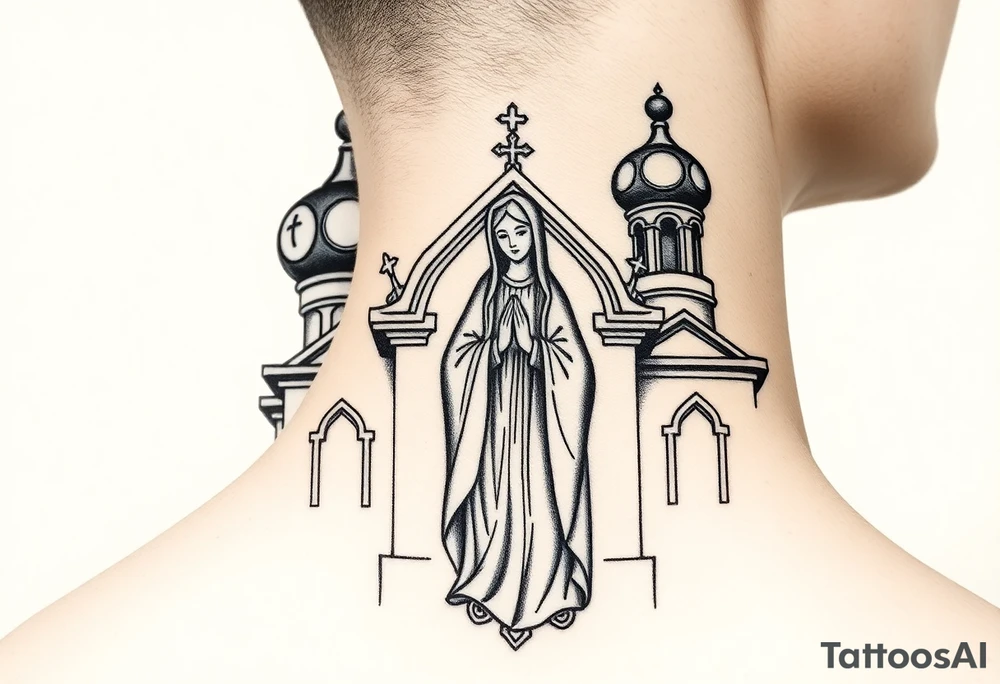 Russian orthodox church with bulb domes with a prominent russian orthodox style virgin mary stood outside with hands together tattoo idea